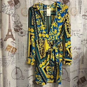 INTEMPO NEW Elegant Blue and Yellow Mini Wrap around Dress.